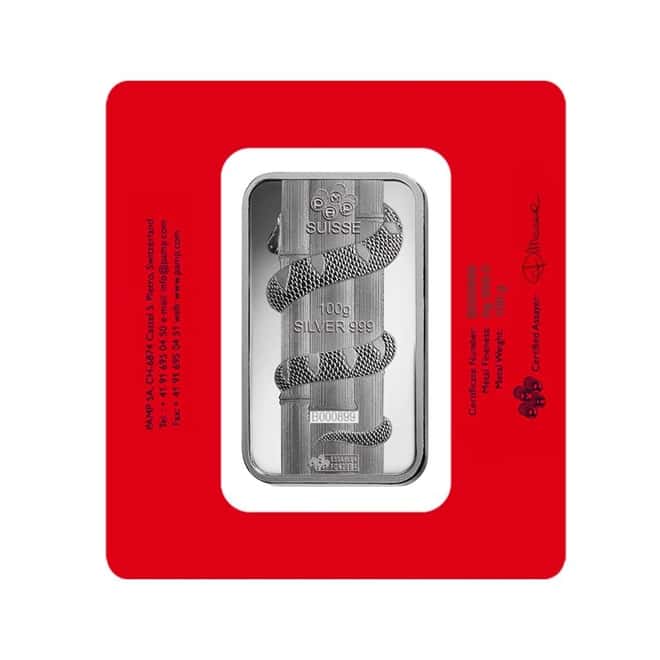 100 gram PAMP Suisse Year of the Snake Silver Bar (In Assay)