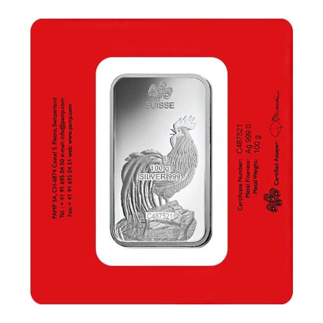 100 gram PAMP Suisse Year of the Rooster Silver Bar (In Assay)