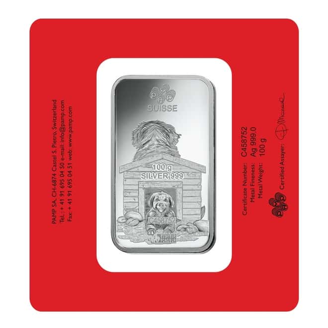100 gram PAMP Suisse Year of the Dog Silver Bar (In Assay)