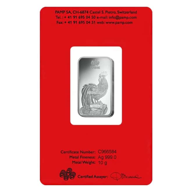 Box of 25 - 10 gram PAMP Suisse Year of the Rooster Silver Bar (In Assay)