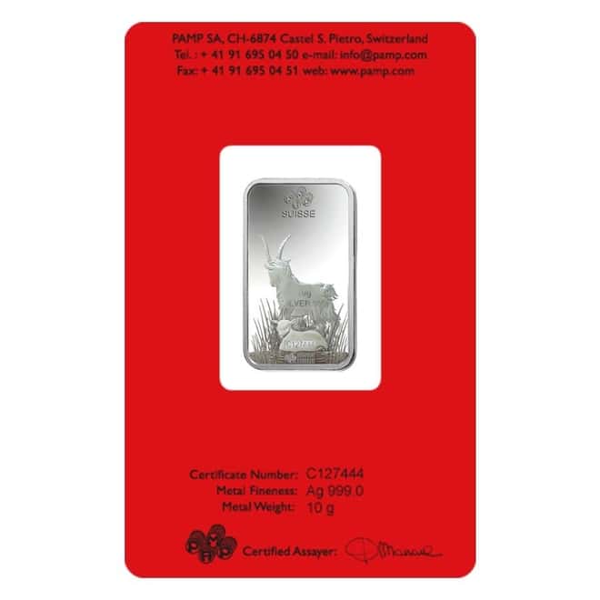 Box of 25 - 10 gram PAMP Suisse Year of the Goat Silver Bar (In Assay)