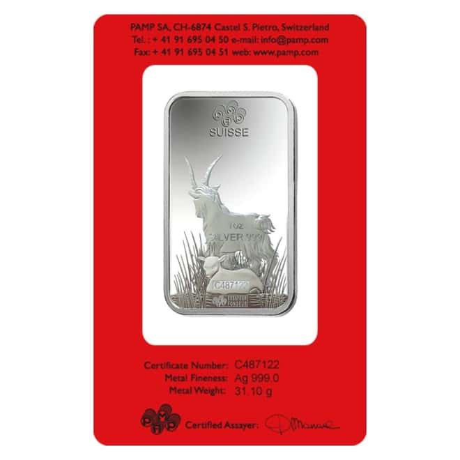 Box of 25 - 1 oz PAMP Suisse Year of the Goat Silver Bar (In Assay) 