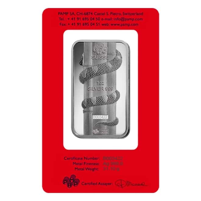 Box of 25 - 1 oz PAMP Suisse Year of the Snake Silver Bar (In Assay)