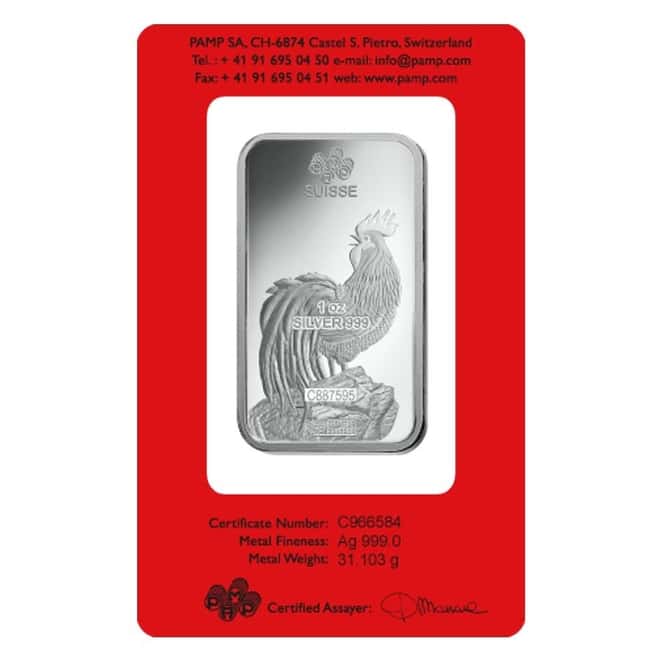 Box of 25 - 1 oz PAMP Suisse Year of the Rooster Silver Bar (In Assay)