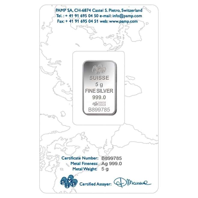 5 Gram PAMP Suisse Lady Fortuna Silver Bar .999 Fine (In Assay)