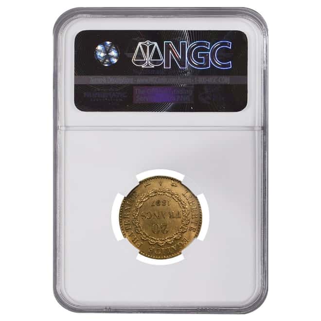 1887 A France Gold 20 Francs Lucky Angel NGC MS 62