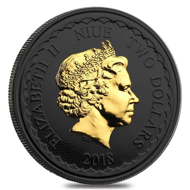 2018 1 oz Niue Silver $2 Double Dragon Black Ruthenium 24K Gold Edition (w/Box & COA)