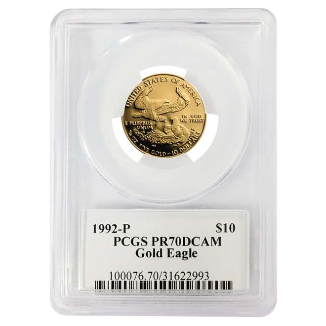 1992 P 1/4 oz $10 Proof Gold American Eagle PCGS PF 70 DCAM (Saint-Gaudens Sign Label)