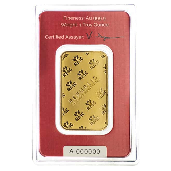 1 oz Republic Metals (RMC) Gold Bar .9999 Fine (In Assay)
