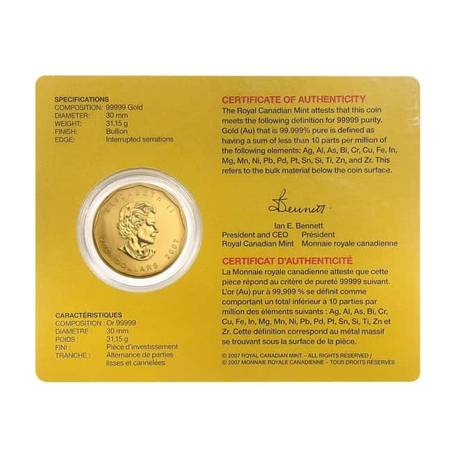 2007 1 oz Canadian Gold Maple Leaf $200 Coin .99999 Fine BU (In Assay)