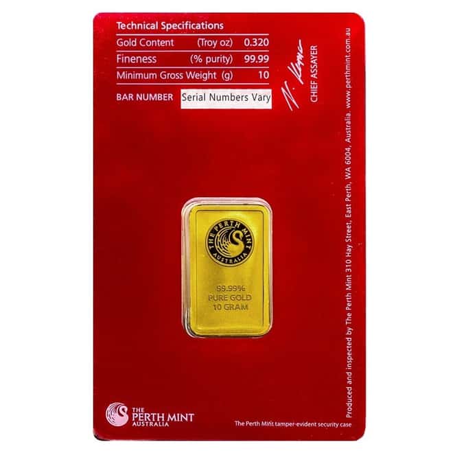10 gram Perth Mint Oriana Design Gold Bar .9999 Fine (In Assay)