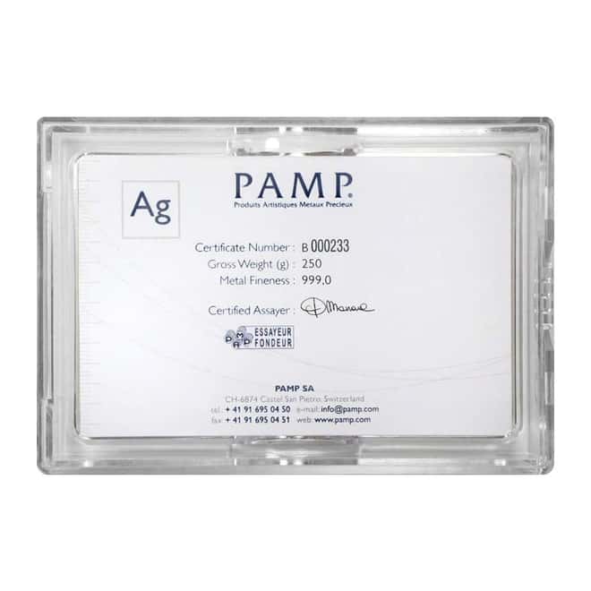250 gram Silver Bar PAMP Suisse Lady Fortuna .999 Fine (W/ Assay)