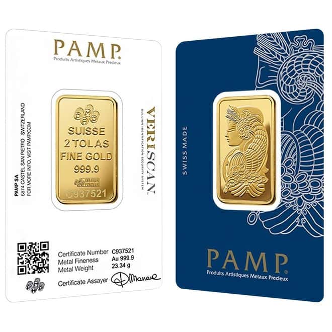2 Tolas Gold Bar PAMP Suisse Lady Fortuna Veriscan .9999 Fine (In Assay)