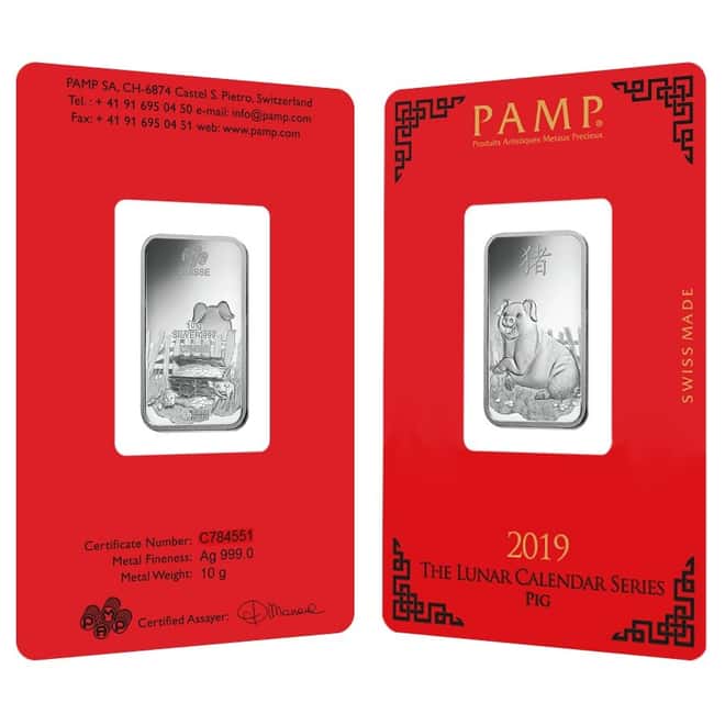 10 gram PAMP Suisse Year of the Pig Silver Bar (In Assay)