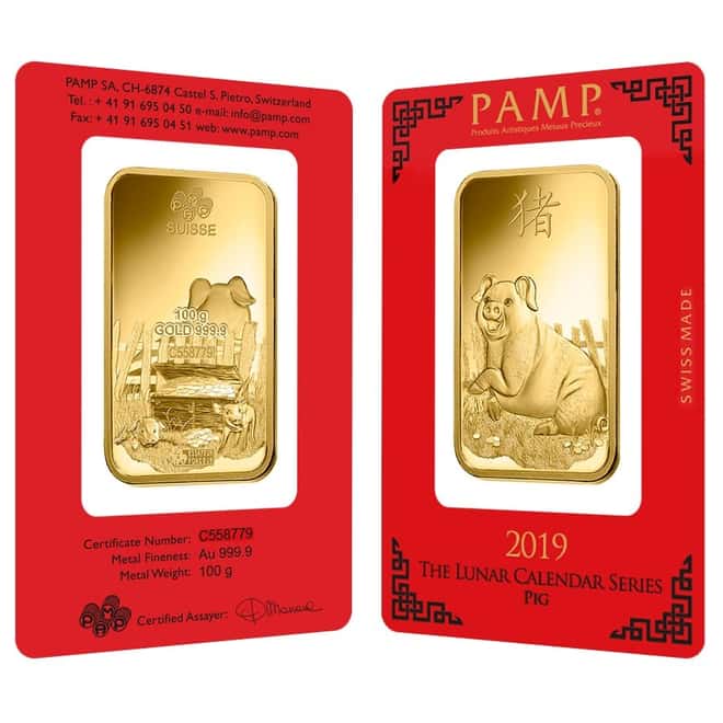 100 gram PAMP Suisse Year of the Pig Gold Bar (In Assay)