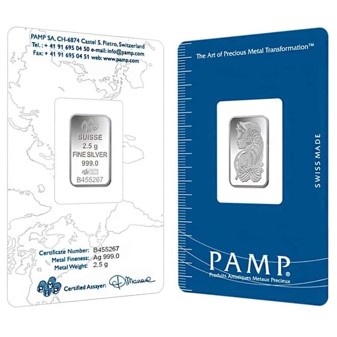 2.5 Gram PAMP Suisse Lady Fortuna Silver Bar .999 Fine (In Assay)