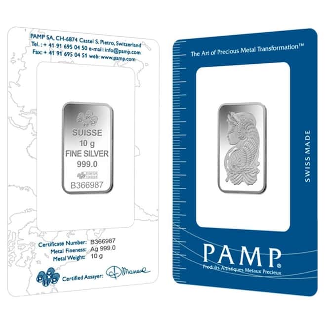 10 Gram PAMP Suisse Lady Fortuna Silver Bar .999 Fine (In Assay)