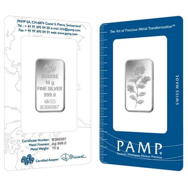 10 Gram PAMP Suisse Rosa Silver Bar .999 Fine (In Assay)