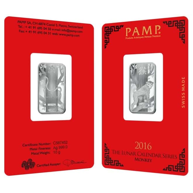 10 gram PAMP Suisse Year of the Monkey Silver Bar (In Assay)