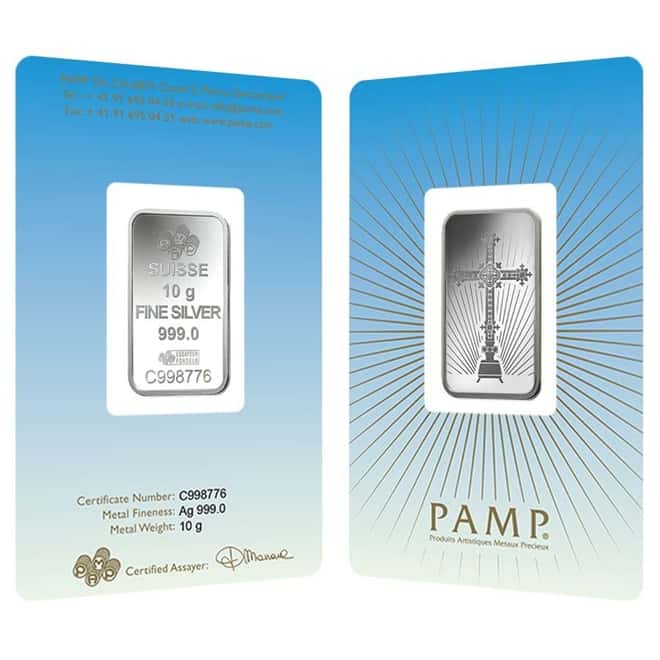 10 gram PAMP Suisse Silver Bar - Romanesque Cross (in Assay) 