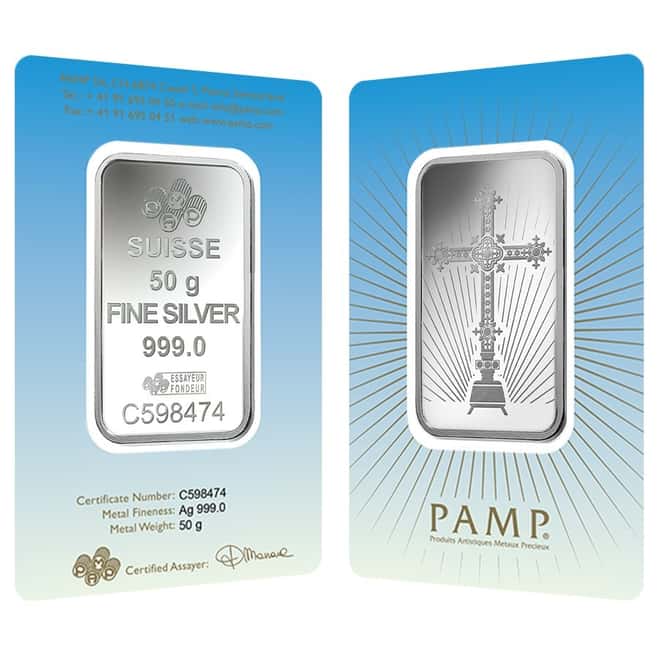 50 gram PAMP Suisse Silver Bar - Romanesque Cross (in Assay) .999 Fine
