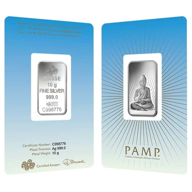 10 gram PAMP Suisse Silver Bar - Buddha (in Assay) .999 Fine 