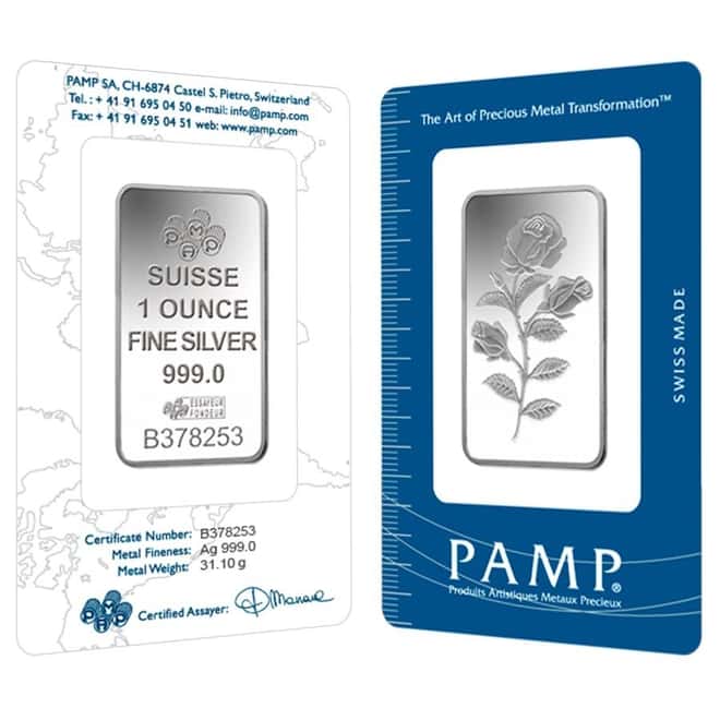 1 oz PAMP Suisse Rosa Silver Bar .999 Fine (In Assay)
