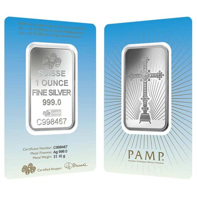 1 oz PAMP Suisse Silver Bar - Romanesque Cross (in Assay) .999 Fine