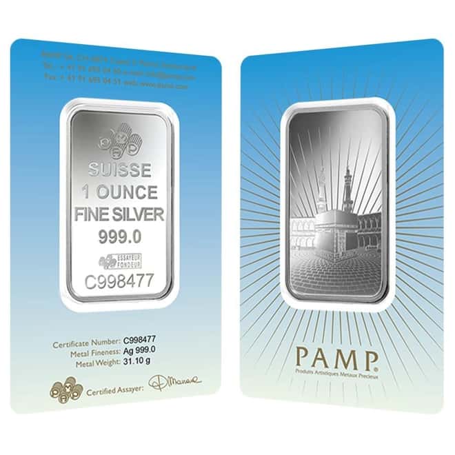 1 oz PAMP Suisse Silver Bar - Ka 'Bah Mecca (in Assay) .999 Fine