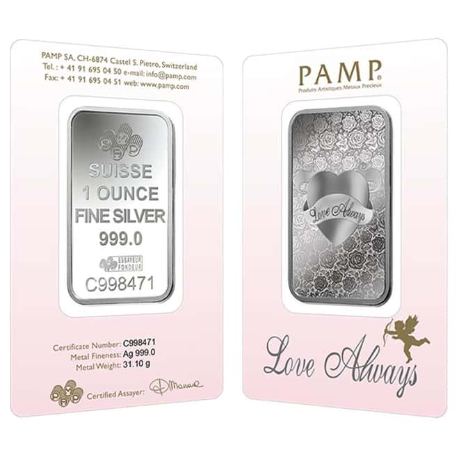 1 oz PAMP Suisse Silver Bar - Love Always (In Assay) .999 Fine