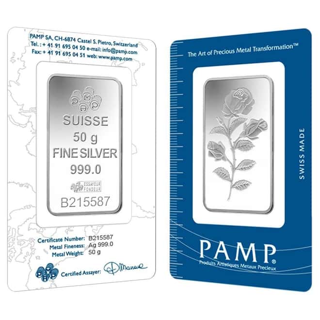 50 Gram PAMP Suisse Rosa Silver Bar .999 Fine (In Assay)
