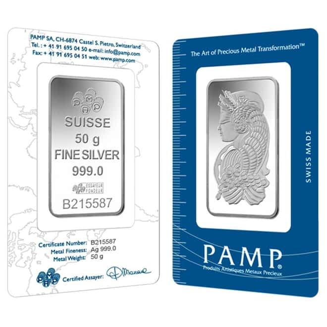 50 gram PAMP Suisse Lady Fortuna Silver Bar .999 Fine (In Assay)