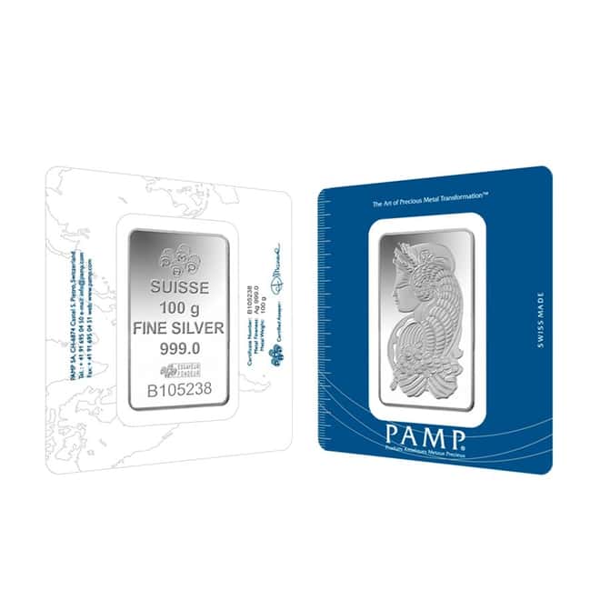 100 gram PAMP Suisse Lady Fortuna Silver Bar .999 Fine (In Assay)