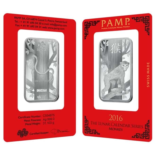 Box of 25 - 1 oz PAMP Suisse Year of the Monkey Silver Bar (In Assay)