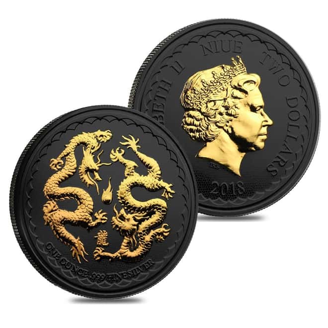 2018 1 oz Niue Silver $2 Double Dragon Black Ruthenium 24K Gold Edition (w/Box & COA)