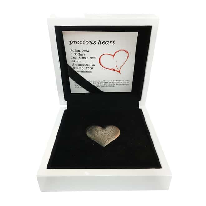 2018 1 oz Palau Silver Heart Charms High Relief Antiqued Silver Coin $5 .999 Fine (w/Box)