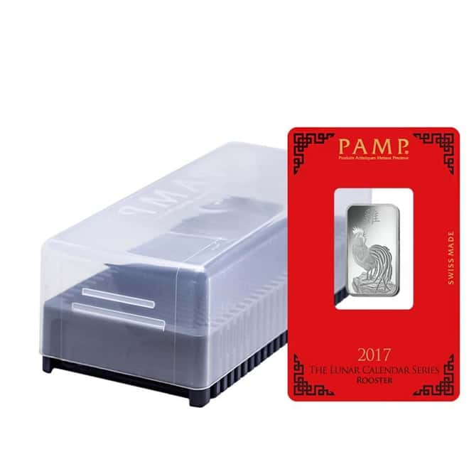 Box of 25 - 10 gram PAMP Suisse Year of the Rooster Silver Bar (In Assay)
