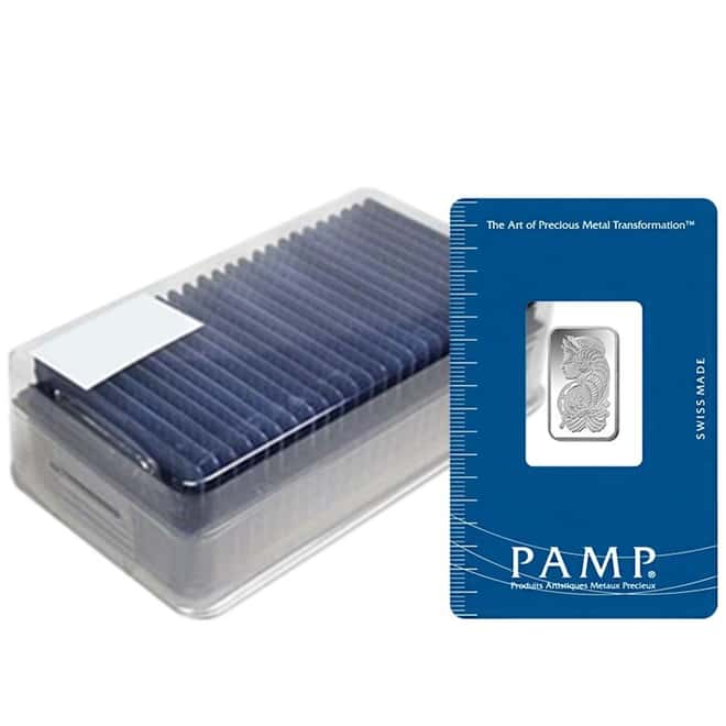 Box of 25 - 2.5 Gram PAMP Suisse Lady Fortuna Silver Bar .999 Fine (In Assay)