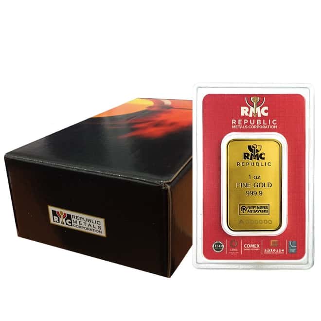 Box of 25 - 1 oz Republic Metals (RMC) Gold Bar .9999 Fine (In Assay)