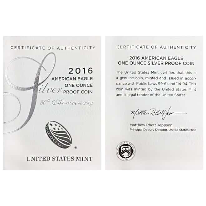 2016-W 1 oz Proof Silver American Eagle - 30th Anniversary (w/Box & COA)
