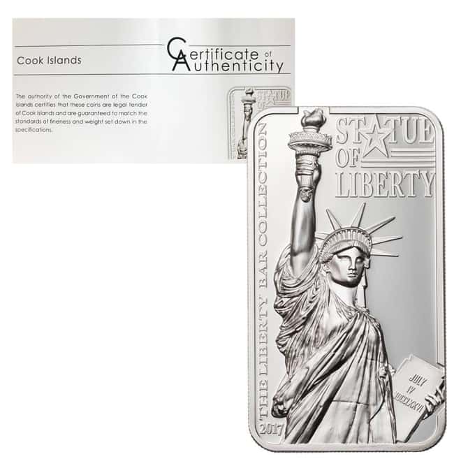 2017 2 oz Cook Islands Statue of Liberty Proof Silver Bar Coin $10 .999 Fine (w/Box&COA)
