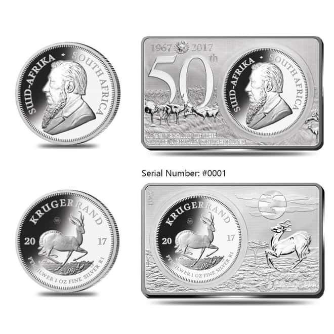 2017 South Africa 3 oz Silver 50th Anniv of the Krugerrand Coin & Bar Set (w/Box & COA) - Serial #1