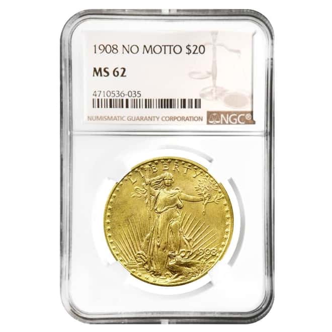 1908 $20 Gold Saint Gaudens Double Eagle Coin No Motto NGC MS 62