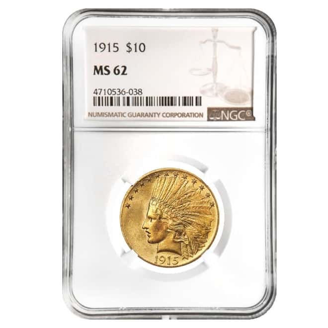 1915 $10 Indian Head Gold Eagle Coin NGC MS 62