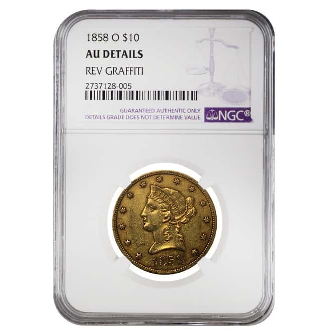 1858 O $10 Liberty Head Gold Eagle Coin NGC AU Details