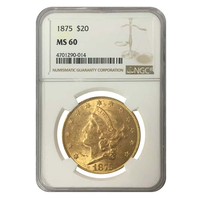 1875 $20 Liberty Head Double Eagle Gold Coin NGC MS 60