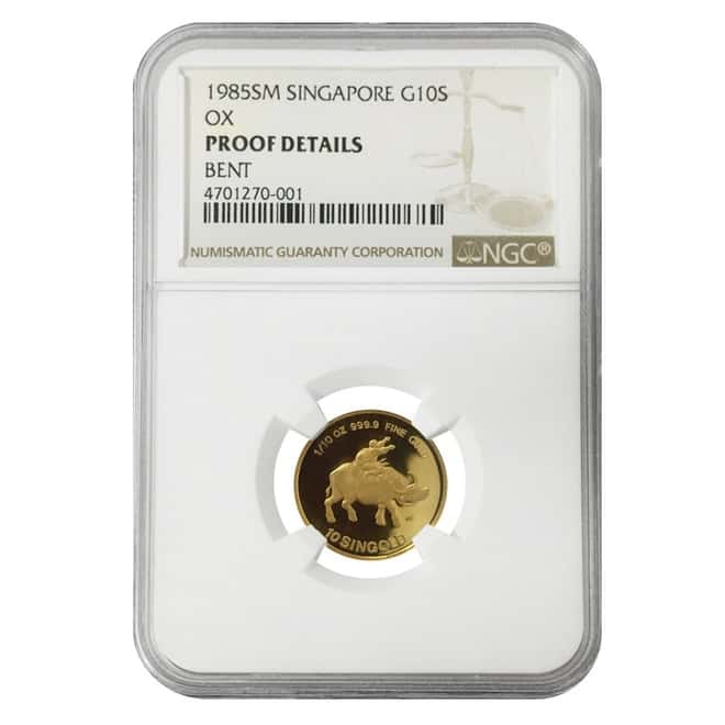 1985 1/10 oz Gold Singapore 10 Singold Year of the Ox NGC PF Details