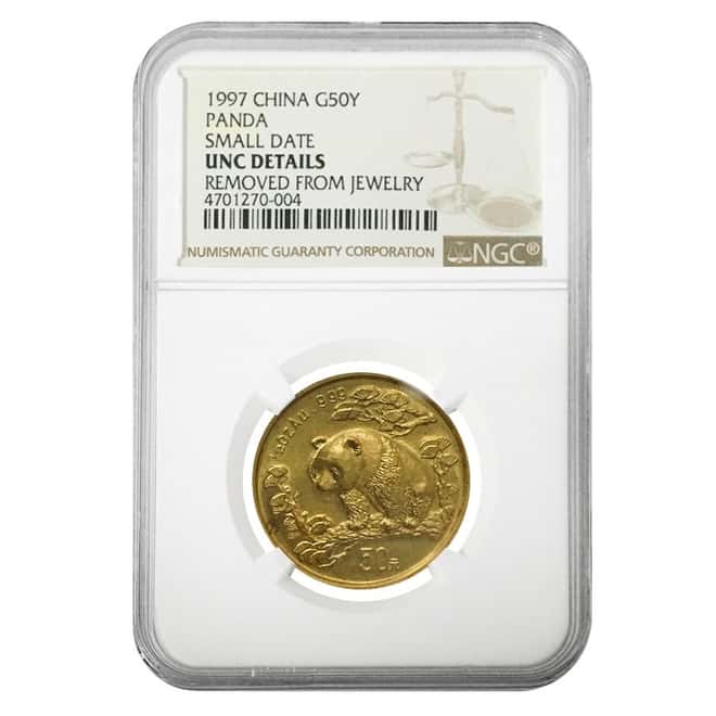 1997 1/2 oz Chinese Gold Panda 50 Yuan Small Date NGC UNC Details