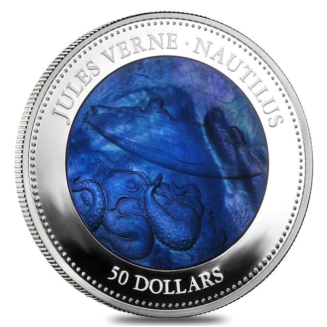 2014 5 oz Cook Islands Proof Silver Mother of Pearl Jules Verne Nautilus $50 Coin (w/Box)