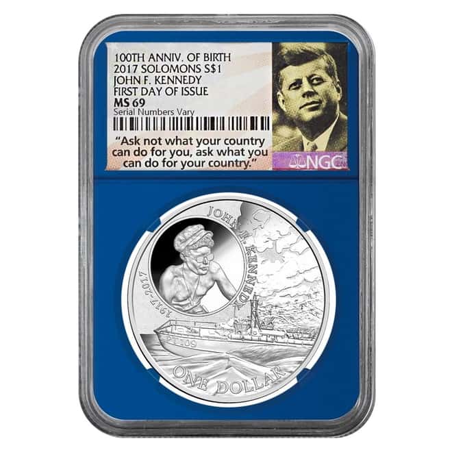 2017 1 oz Silver JFK Solomon Islands NGC MS 69 FDOI First Day of Issue (JFK Ask Not Label Blue)